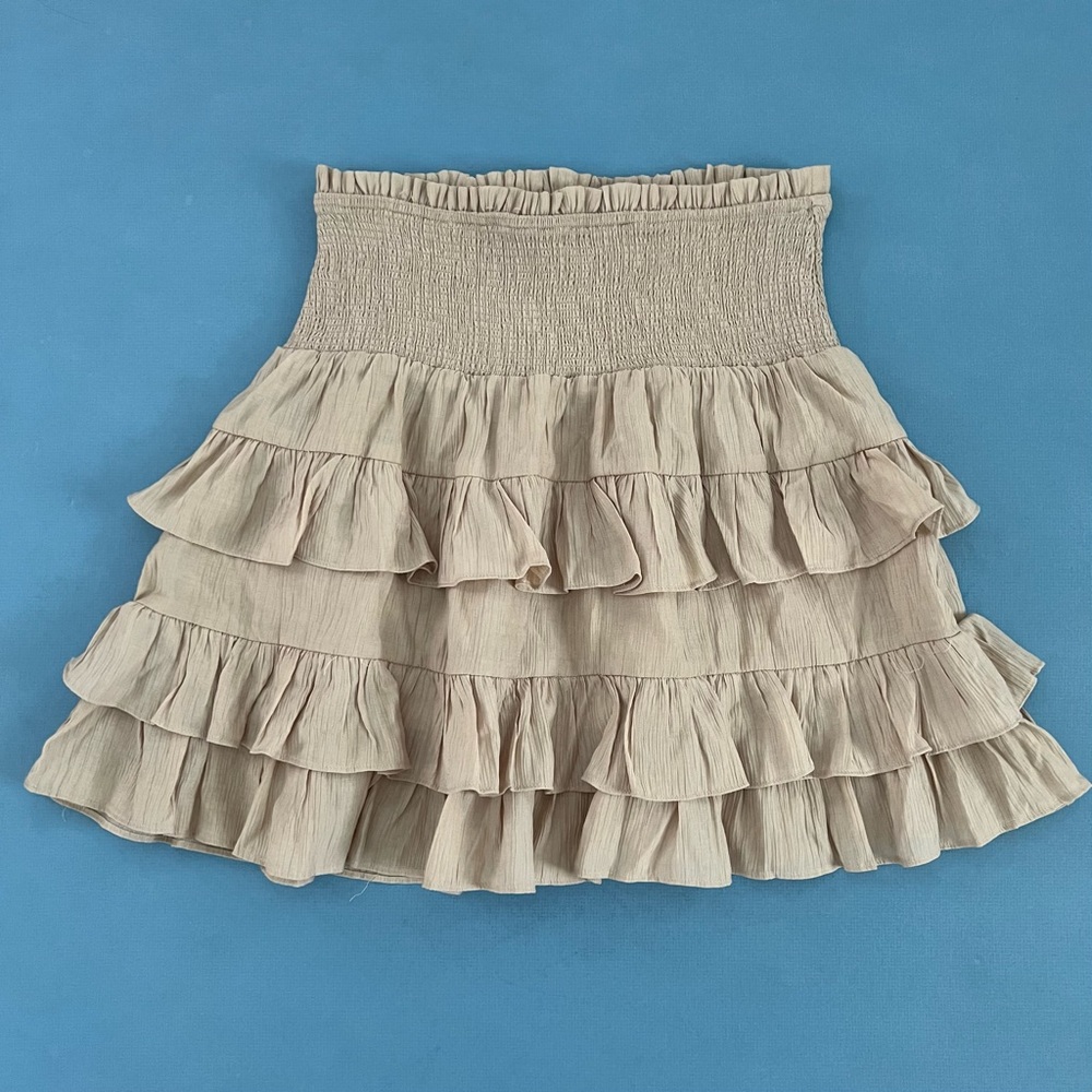 Anthropologie Free the Roses Tan Tiered Ruffle Smocked Waist Boho Mini Skirt